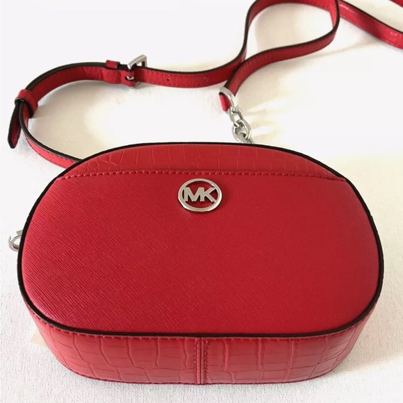 New Michael Kors Jet Set Glam Croc Small Oval Crossbody Bag Bright Red - Picture 5 of 5